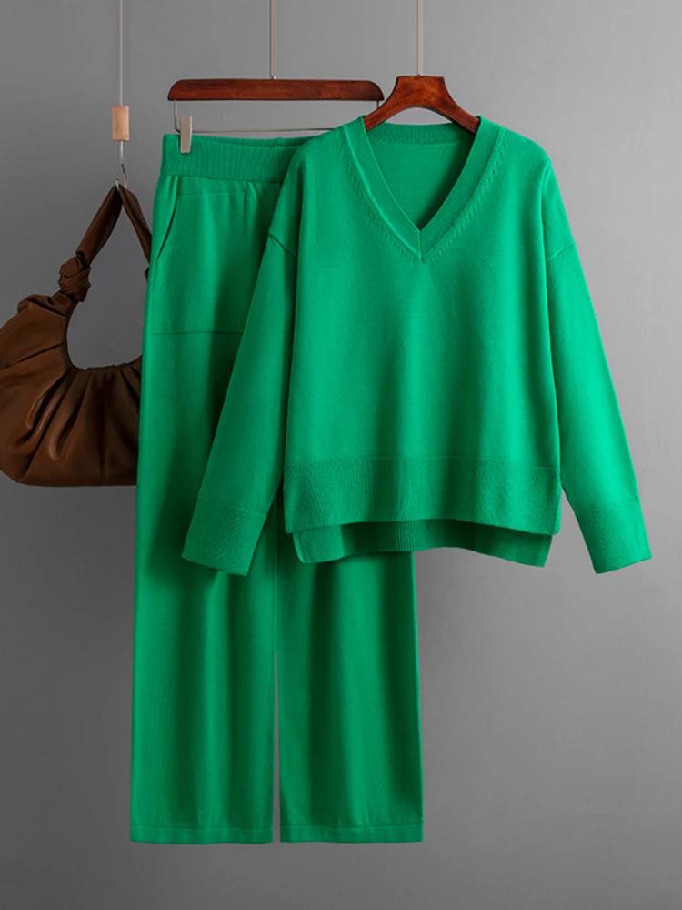 

2023 Autumn Winter Women Clothing Fashion Knitted Suit Loose Sweater Pullover+wide-leg Pants Suits Two Piece Sets Womens Outfits