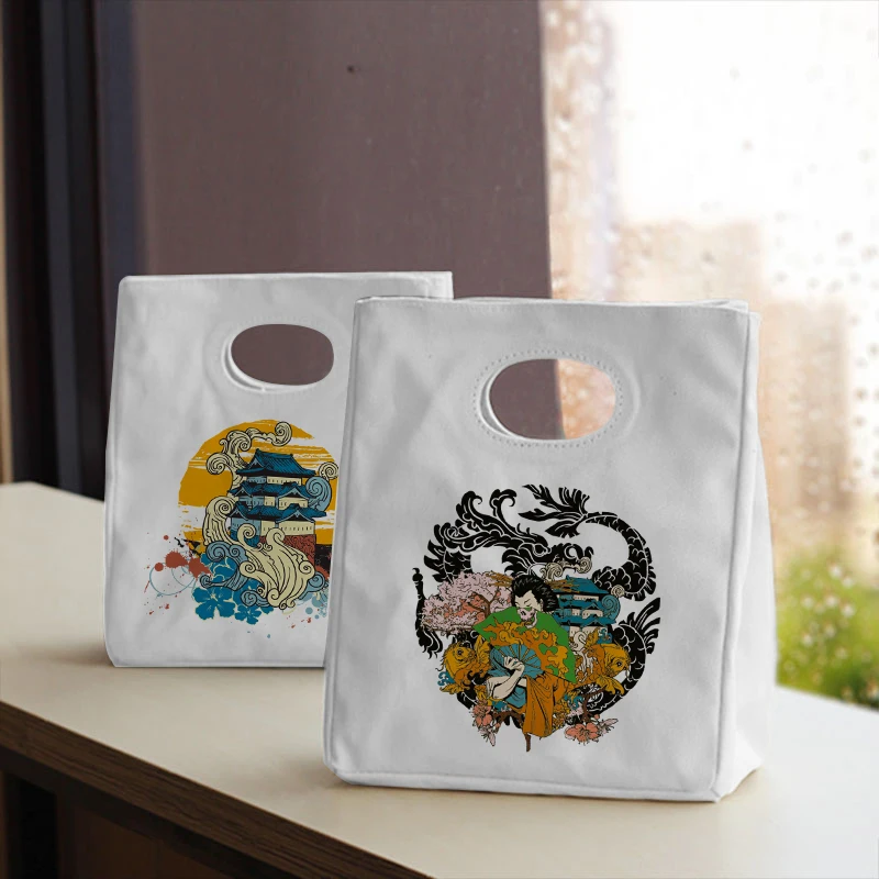 

Ukiyo-e Canvas Neutral Insulated Lunch Bag Canvas Handbag Thickened Neutral Reusable Office Picnic Portable Food Storage Bag