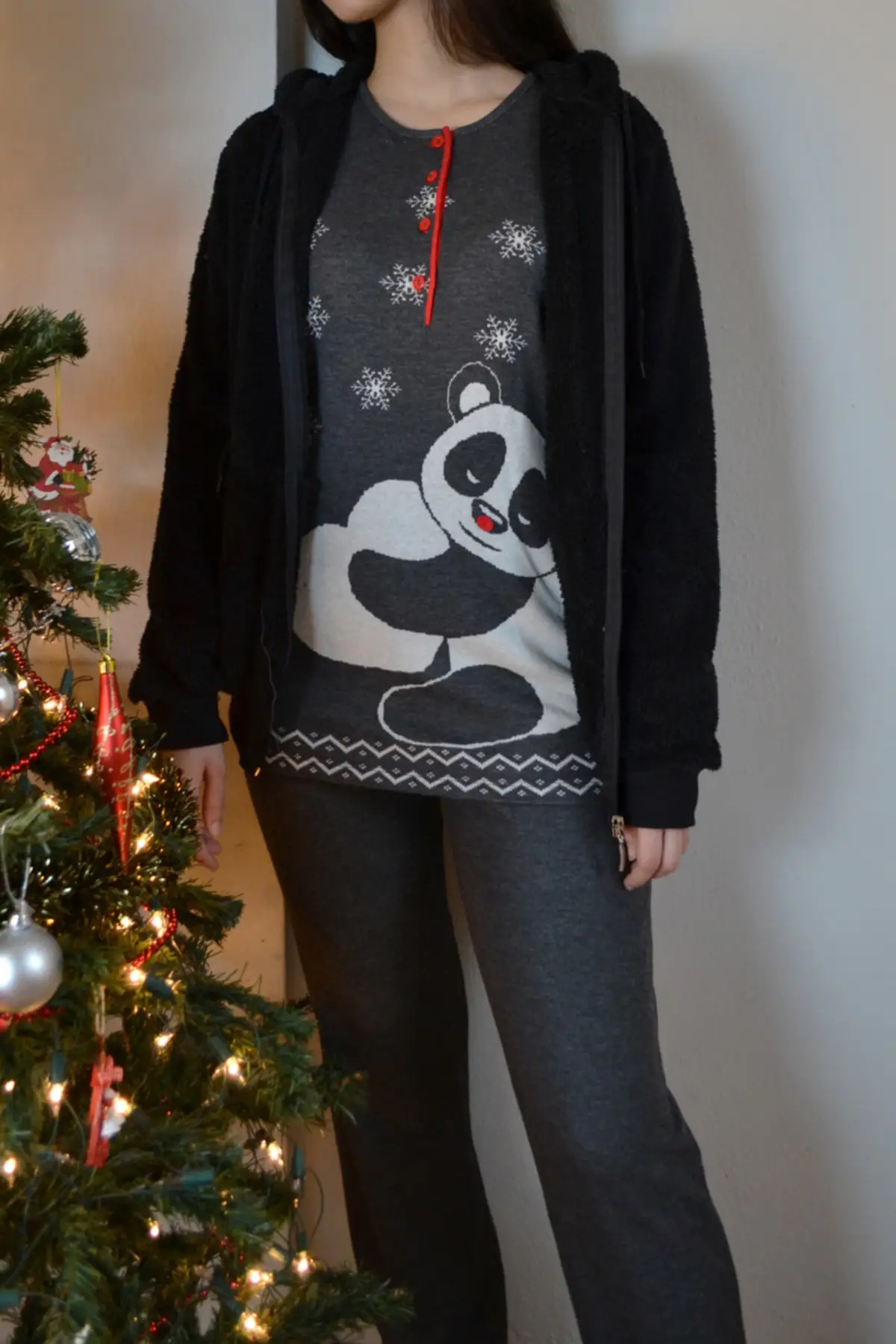 

Dressing Gown Puffy Short Length Long Sleeve Zippered Pocket Hooded Soft Plus Size Black Jacket Sleepwear