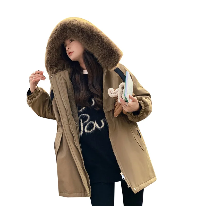 Pai Overcome Women's Winter Medium length Casual Large Fur Collar Plush Thickened Coat
