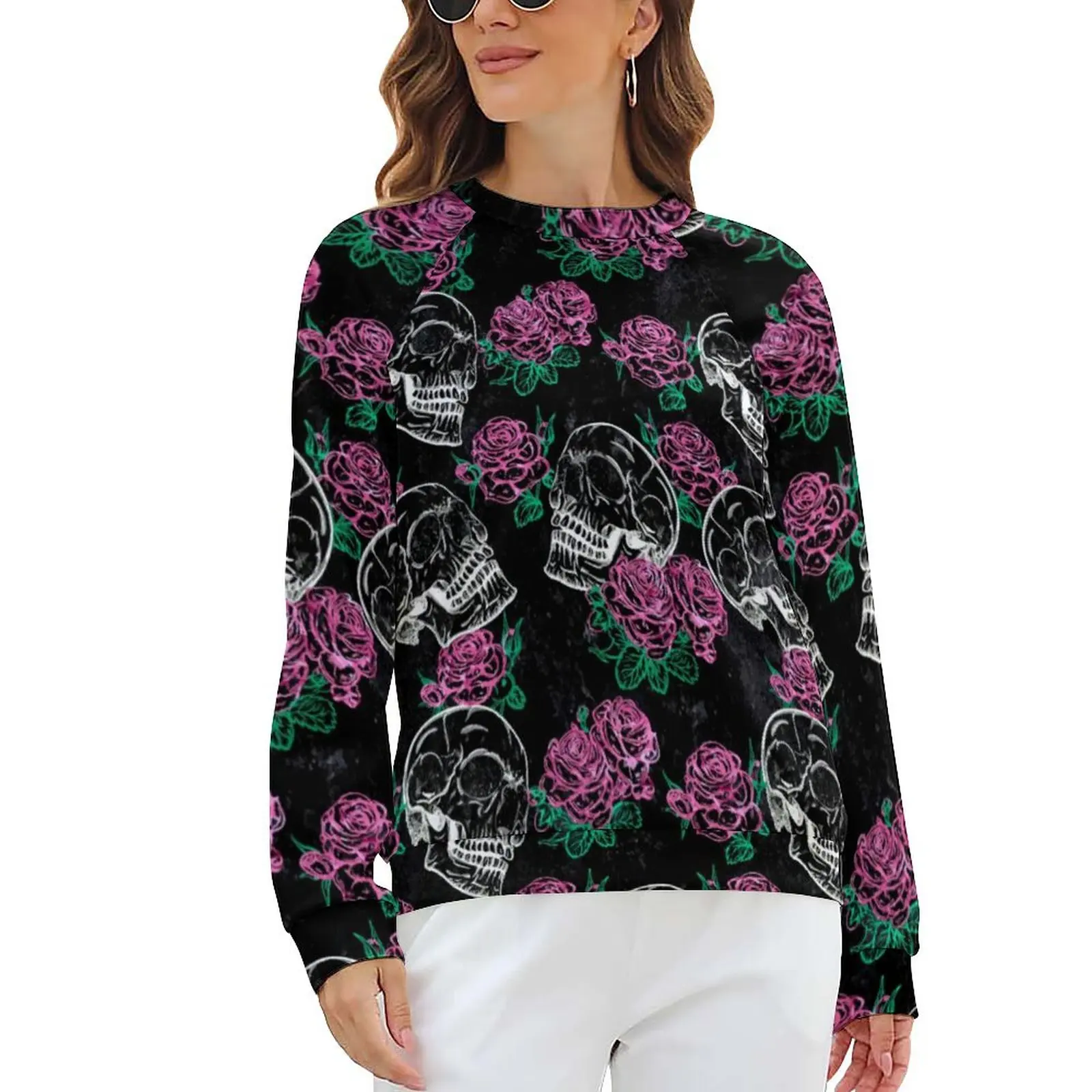 

Skeleton Grunge Glam Trendy Hoodies Sugar Skull Pink Roses Street Style Oversized Hoodie Long Sleeve Y2k Casual Sweatshirts