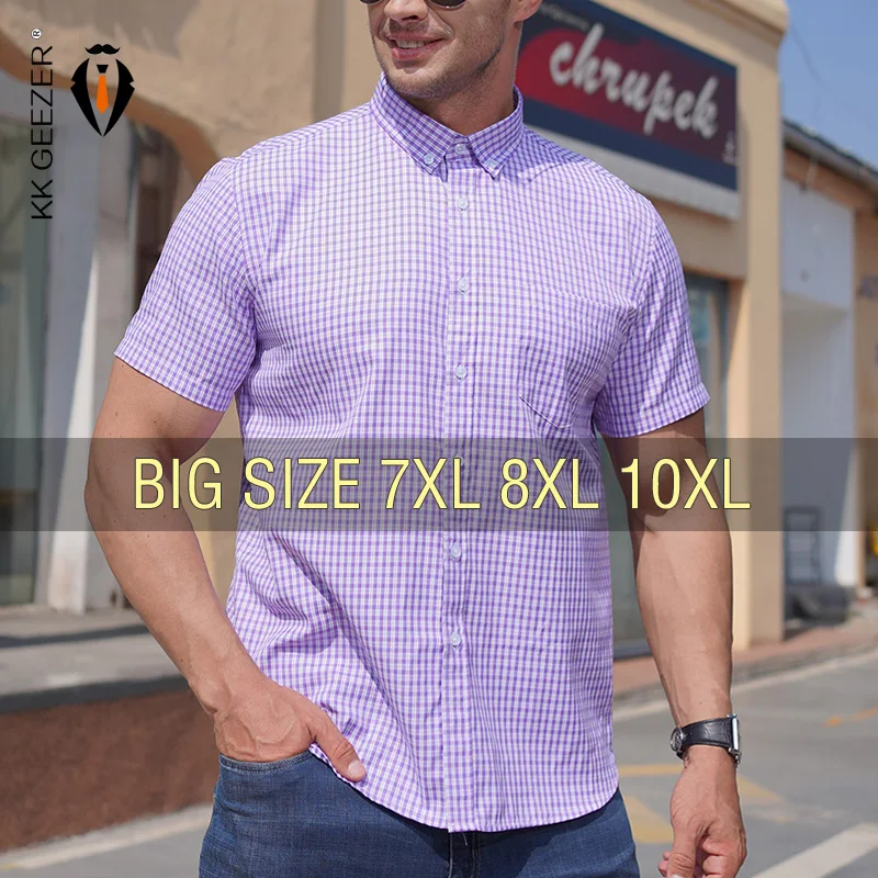 Летняя мужская рубашка в клетку из хлопка с коротким рукавом размера плюс 6XL 7XL 8XL
