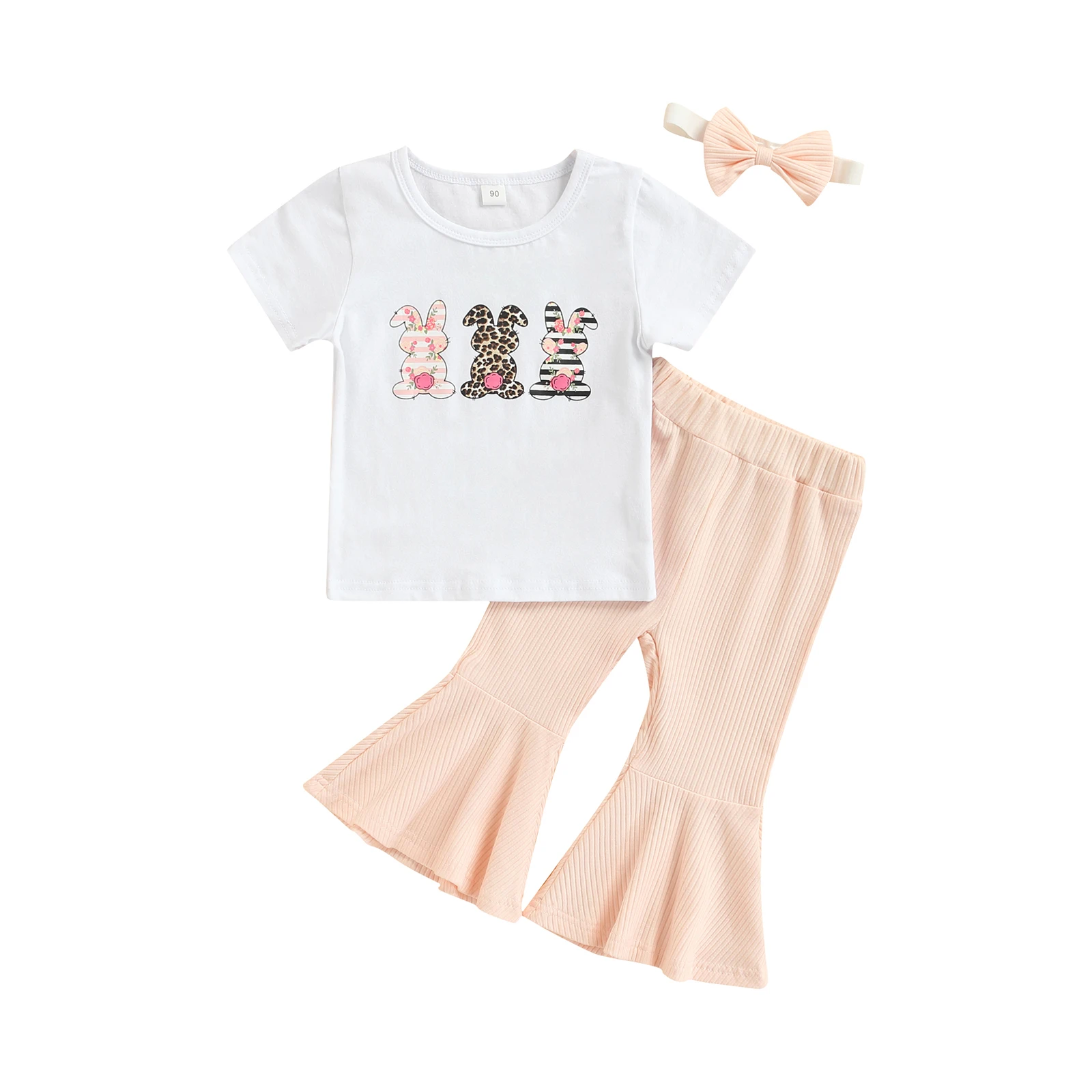 

2022-01-05 Lioraitiin 0-5Years Toddler Baby Girl 2Pcs Summer Easter Clothing Set Short Rabbit Printed Top Shirt Flared Pink Pant