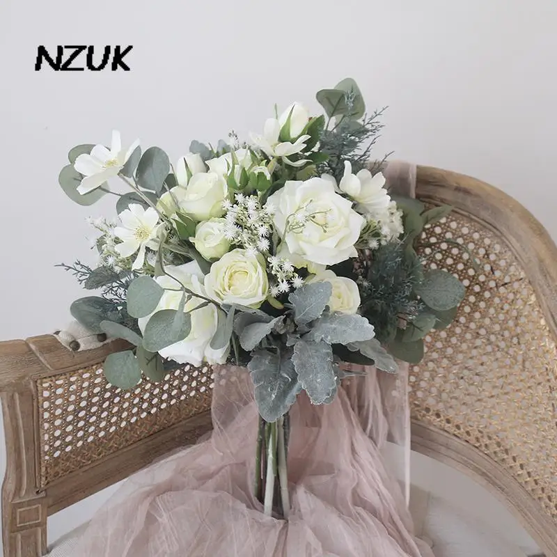 

NZUK Elegant White Bridal Flowers Real Touch Artificial Silk Roses Boho Wedding Bouquet for Bridesmaid Wedding Accessories