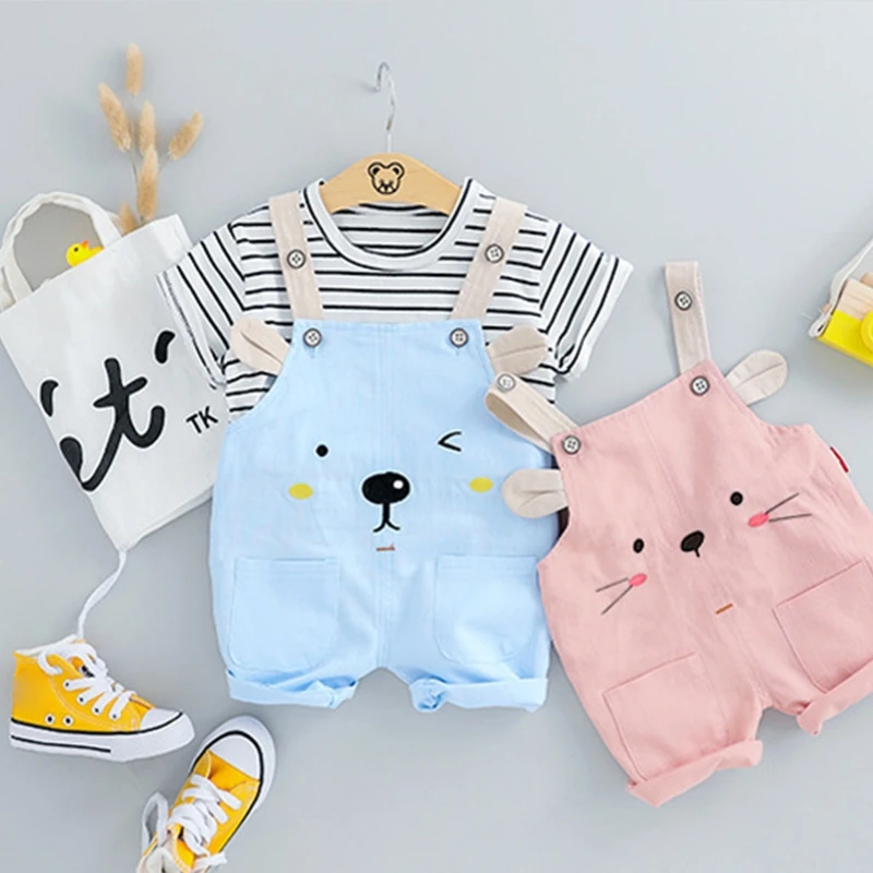 

Boys Girls Summer Clothes Overalls T-Shirts Set Toddler Jumpsuit Romper Pants Stripe Short Sleeve Tee Children Two-piece