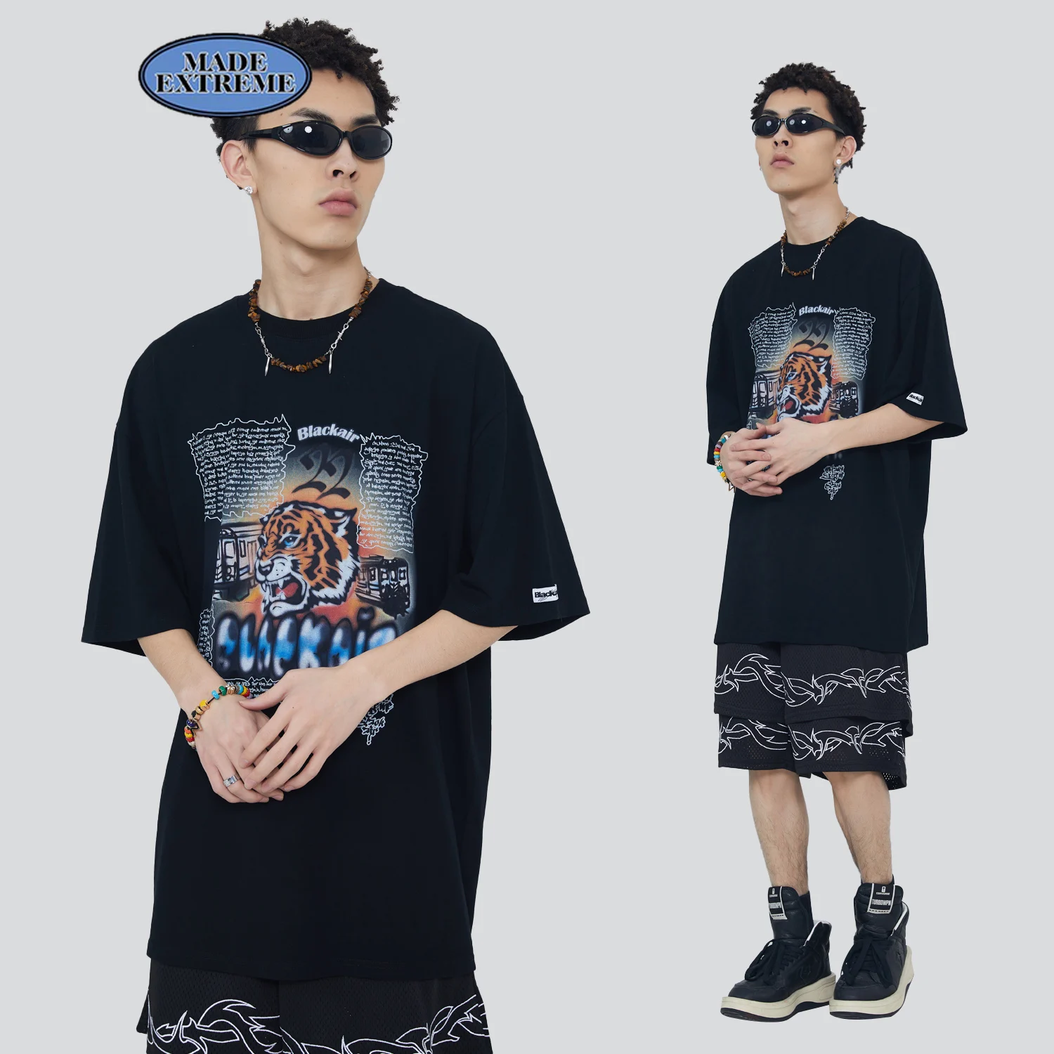 

BLACK AIR vintage street tiger print short sleeve t shirt hip hop loose t shirt men and women summer goth clothes tops tee 3609