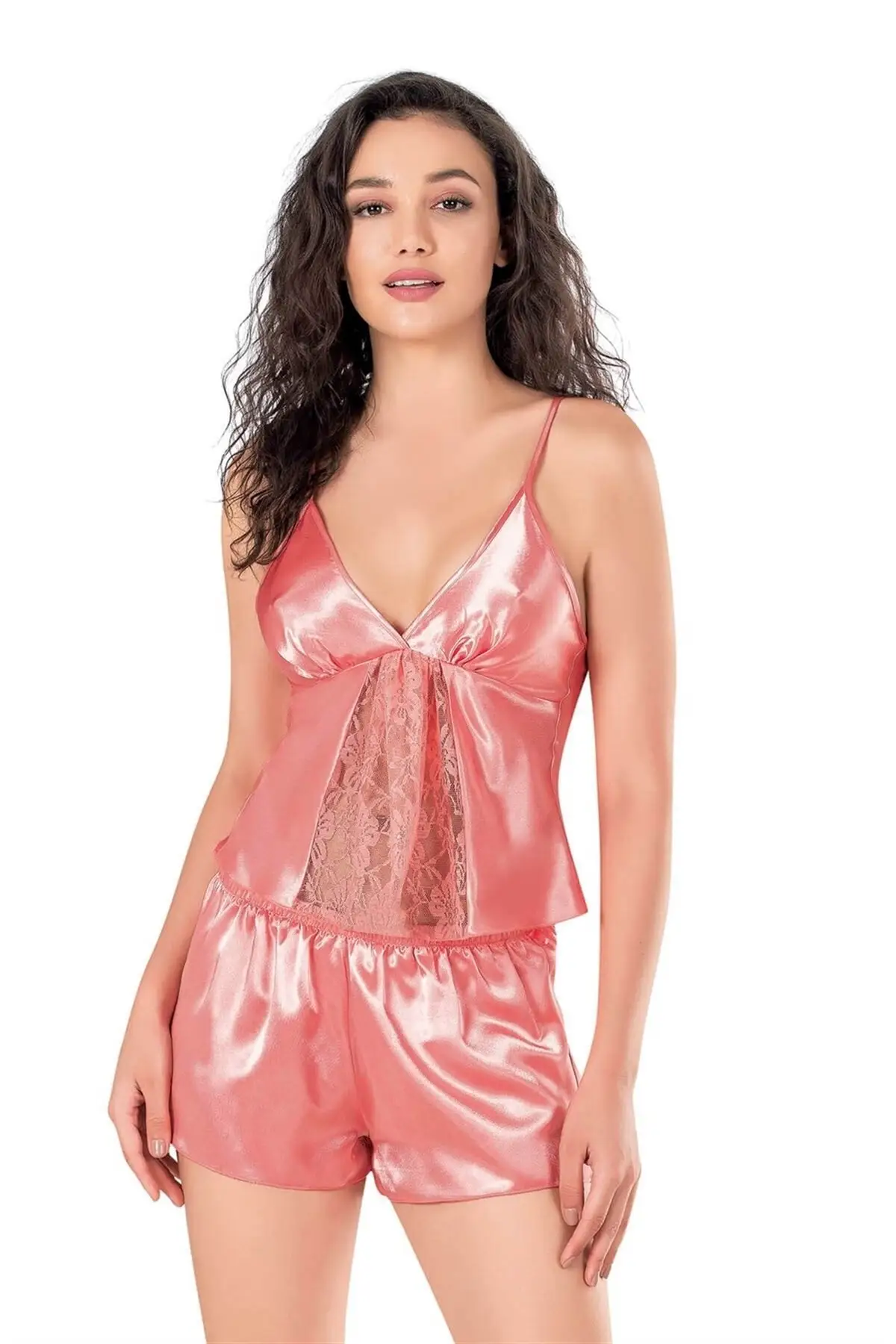 

Women Nightgown Coral Satin Babydoll Shorts Set New Night Dress Female Sleepwear Nightwear Nightwear