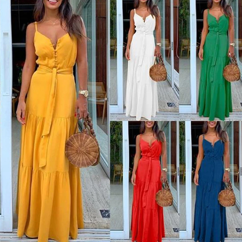 

Fashion Sexy Women Sleeveless Backelss Summer Dress 2022 Yellow White Casual Dress Spaghetti Strap Dresses Button Long Dress