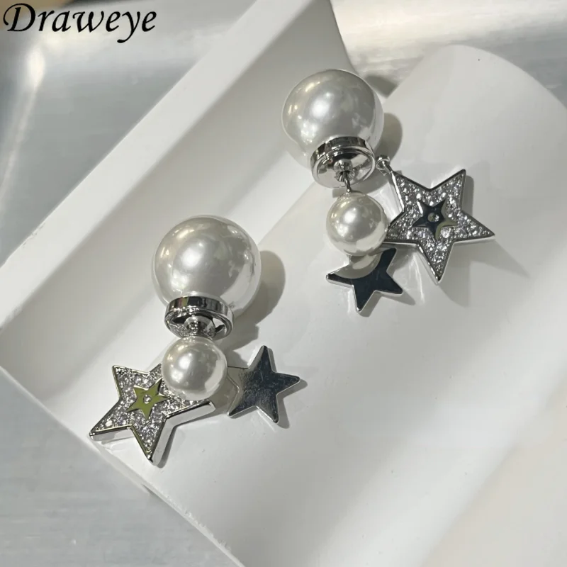 

Draweye Pearls Metal Stars Jewelry for Women Vintage Korean Fashion Simple Stud Earrings Ins Luxury Elegant Pendientes Mujer