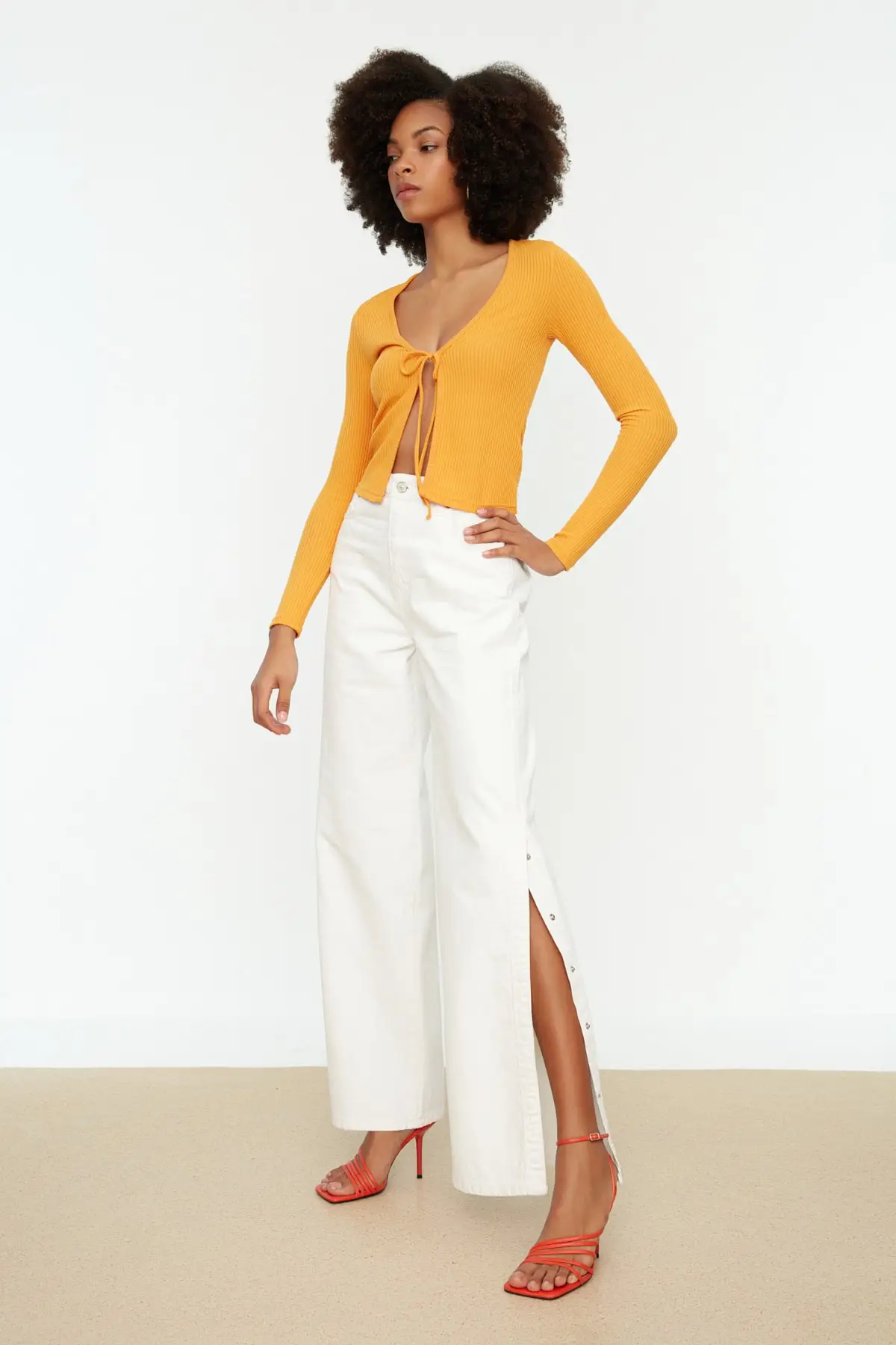 

Women's Jean White Slit High Waist Wide Leg Full Length Straight Pant Streetwear Female Buttons Zipper Ladies