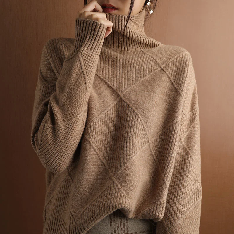 

Hot sale Cashmere sweater women turtleneck sweater pure color knitted turtleneck pullover 100% pure wool loose large size sweate