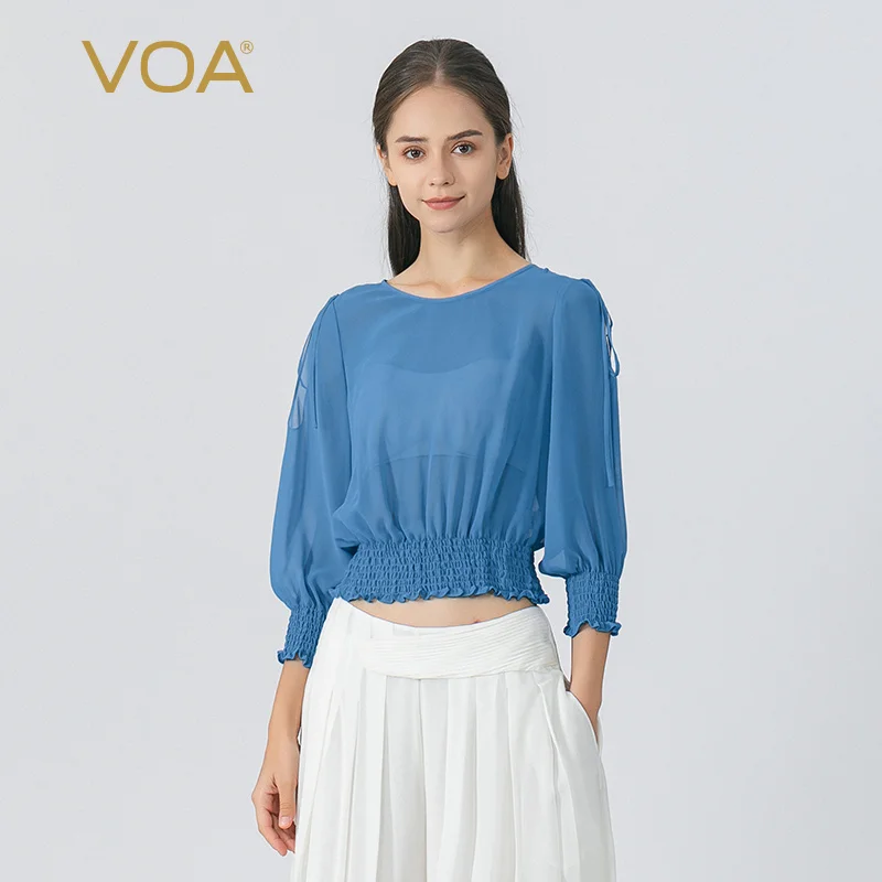 

(Fans Exclusive Discount) VOA Blue Georgette Silk O-neck Lantern Three-quarter Sleeve High Quality Silk Pullover T-shirt BE1261