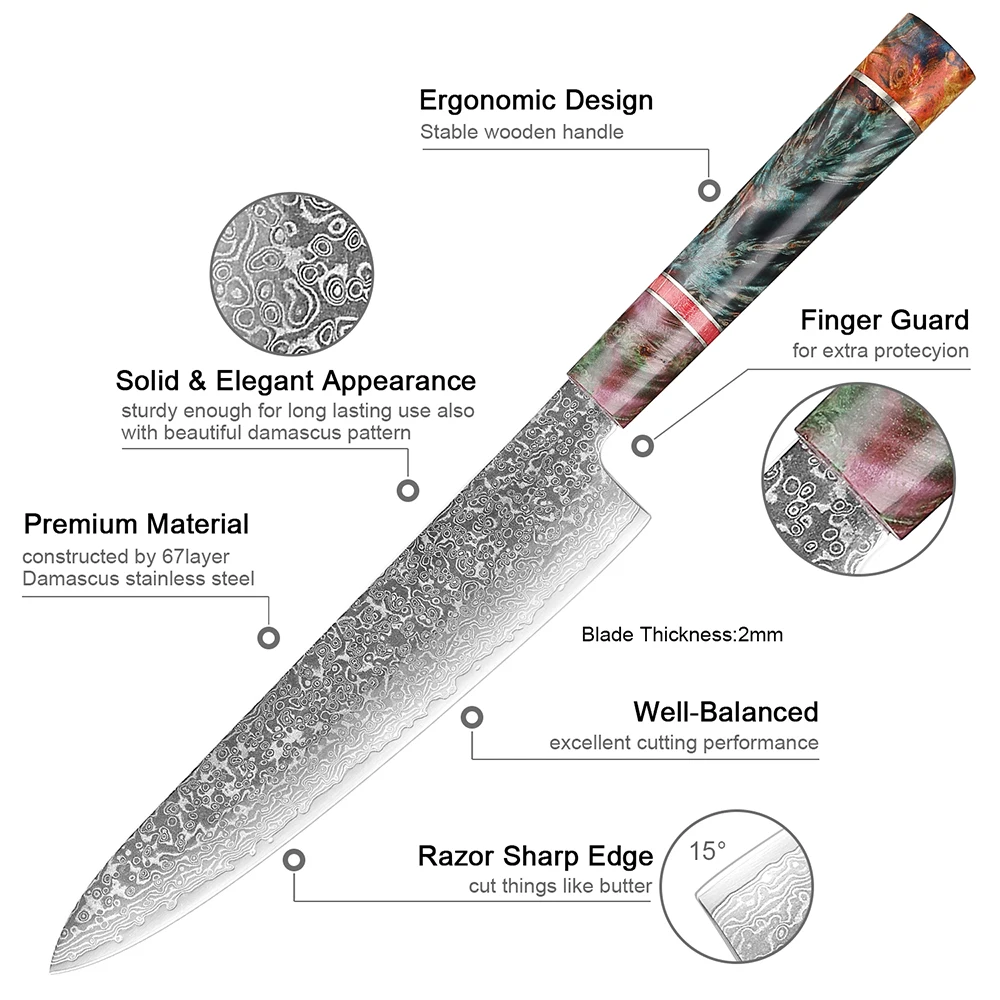 Дамасский нож шеф-повара японский гируто 8-дюймовый VG-10 дамасская сталь 67 слоев