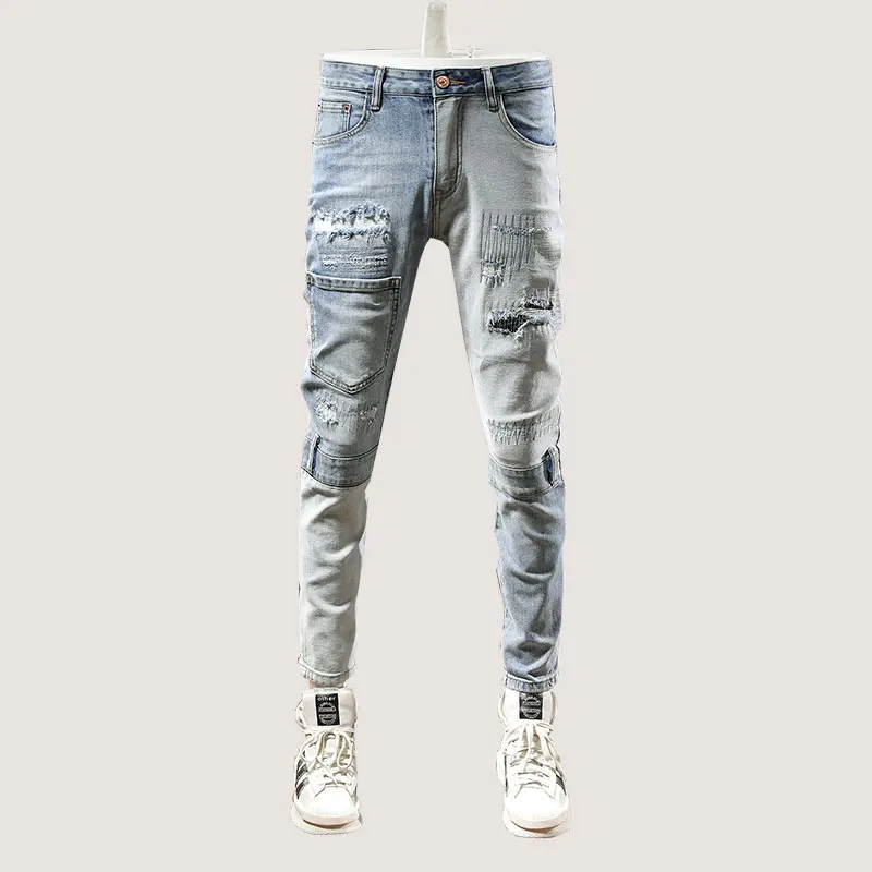 

Street Fashion Men Jeans Retro Light Blue Elastic Spliced Designer Slim Ripped Jeans Men Embroidery Patched Hip Hop Pants Hombre