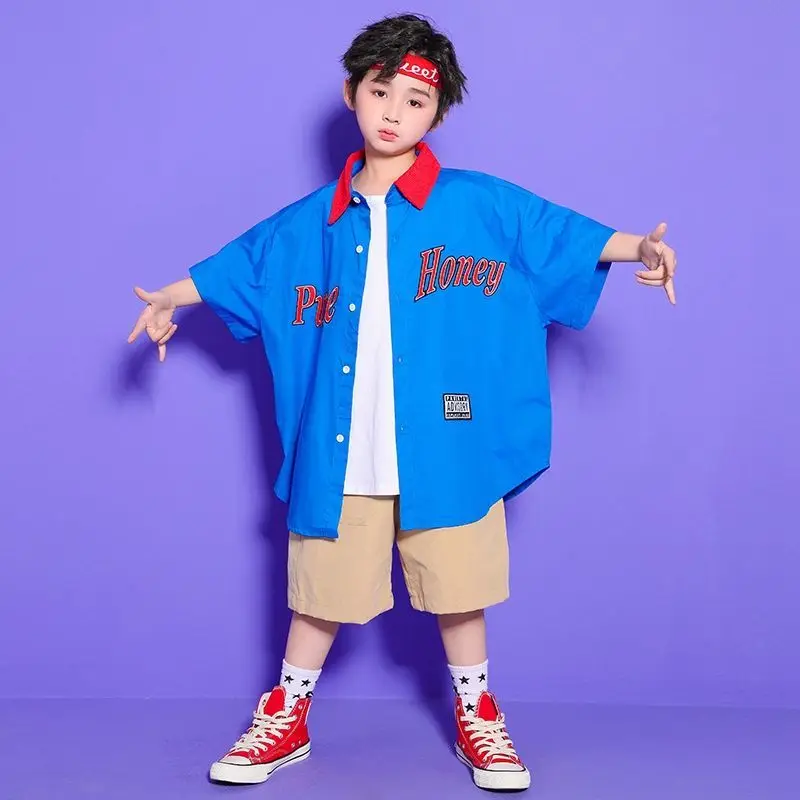 

New Summer Boys Turn Down Collar Shirt + Shorts Suits Cotton Letter Print Kids Hip Hop Sets Children Streetwear 10 11 12 13 14Y
