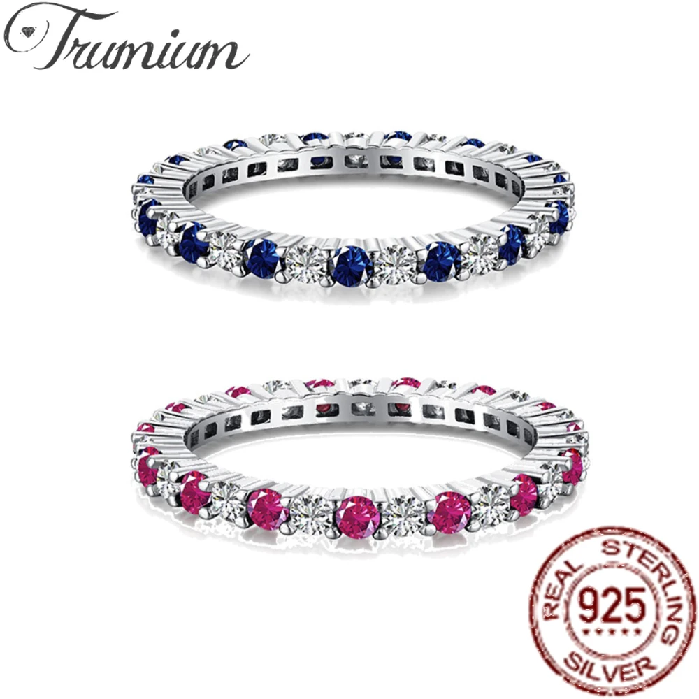 

Trumium 925 Sterling Silver Eternity Rings for Women Sapphire Ruby Cubic Zirconia Gemstone Boho Wedding Engagement Ring Jewelry