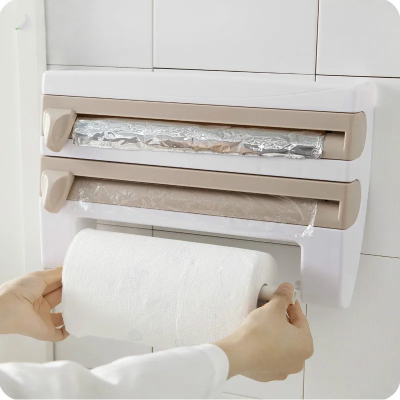 

Kitchen Paper Towel Holder Aluminum Film Plastic Wrap Cutter Wall Hanging Kitchen Storage Shelf Kitchen Organizer
