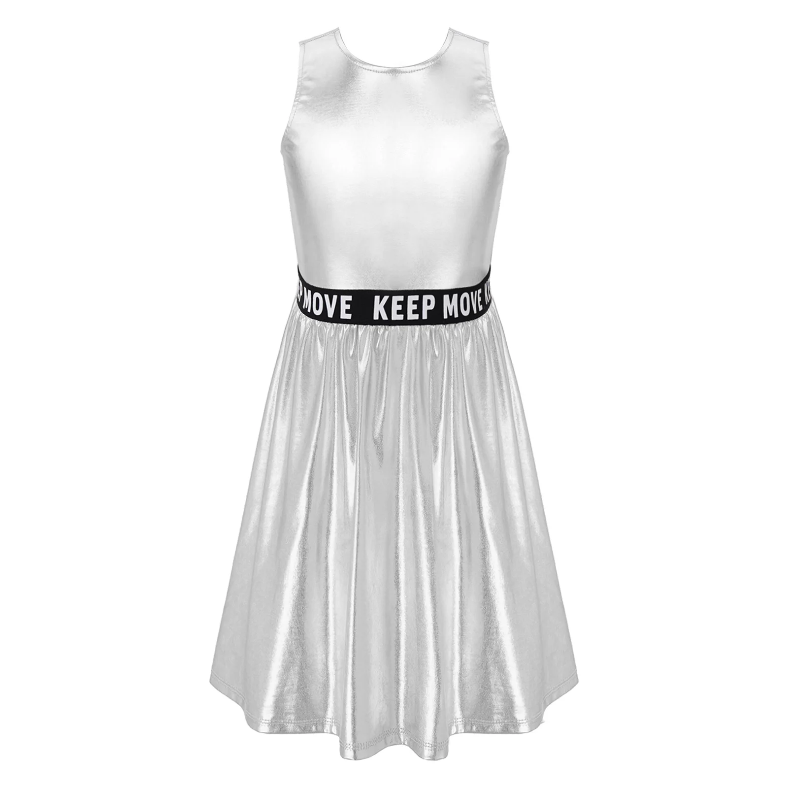 

2022 Kids Girls Sleeveless Modern Dancewear Jazz Dance Dress Solid Color Back Zipper Sundress Shiny Metallic Tennis Sports Dress
