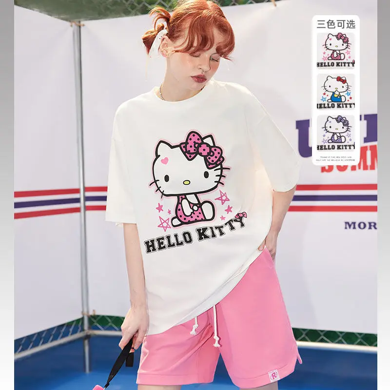 

Женский летний топ Sanrioed с рисунком Hello футболка Китти, Милый хлопковый топ свободного покроя с круглым вырезом и короткими рукавами