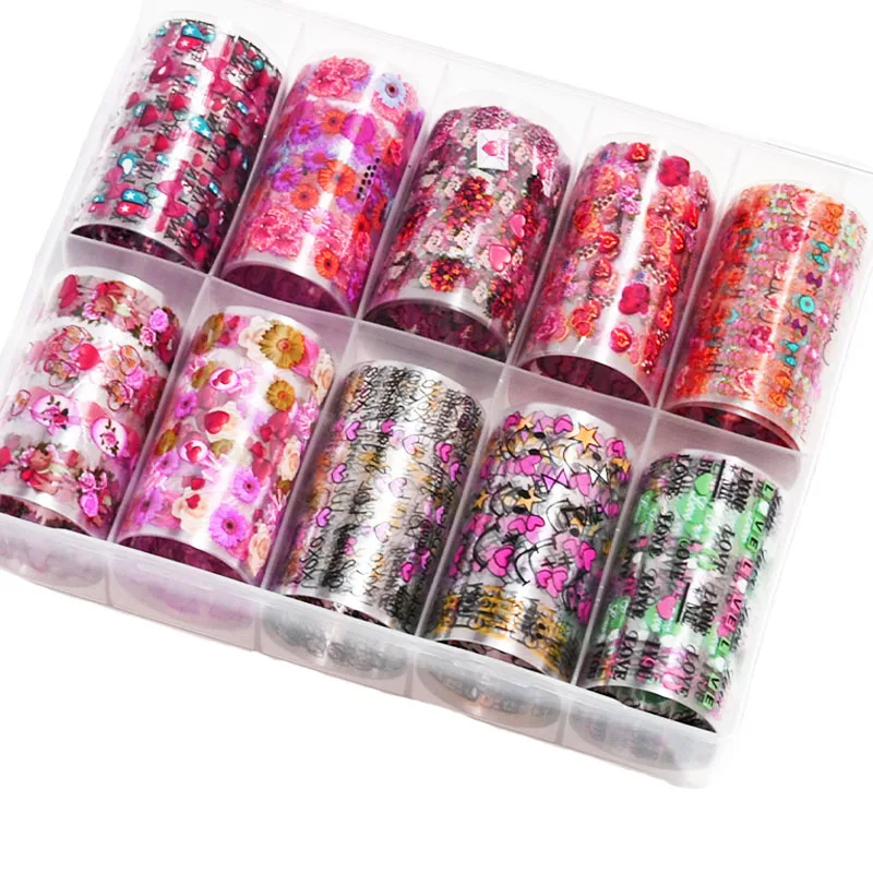 

10 Rolls (4X100cm) Valentine's Day Nail Foil Holographic Laser Rose Heart Love Image Decals French Nail Art Transfer Stickers