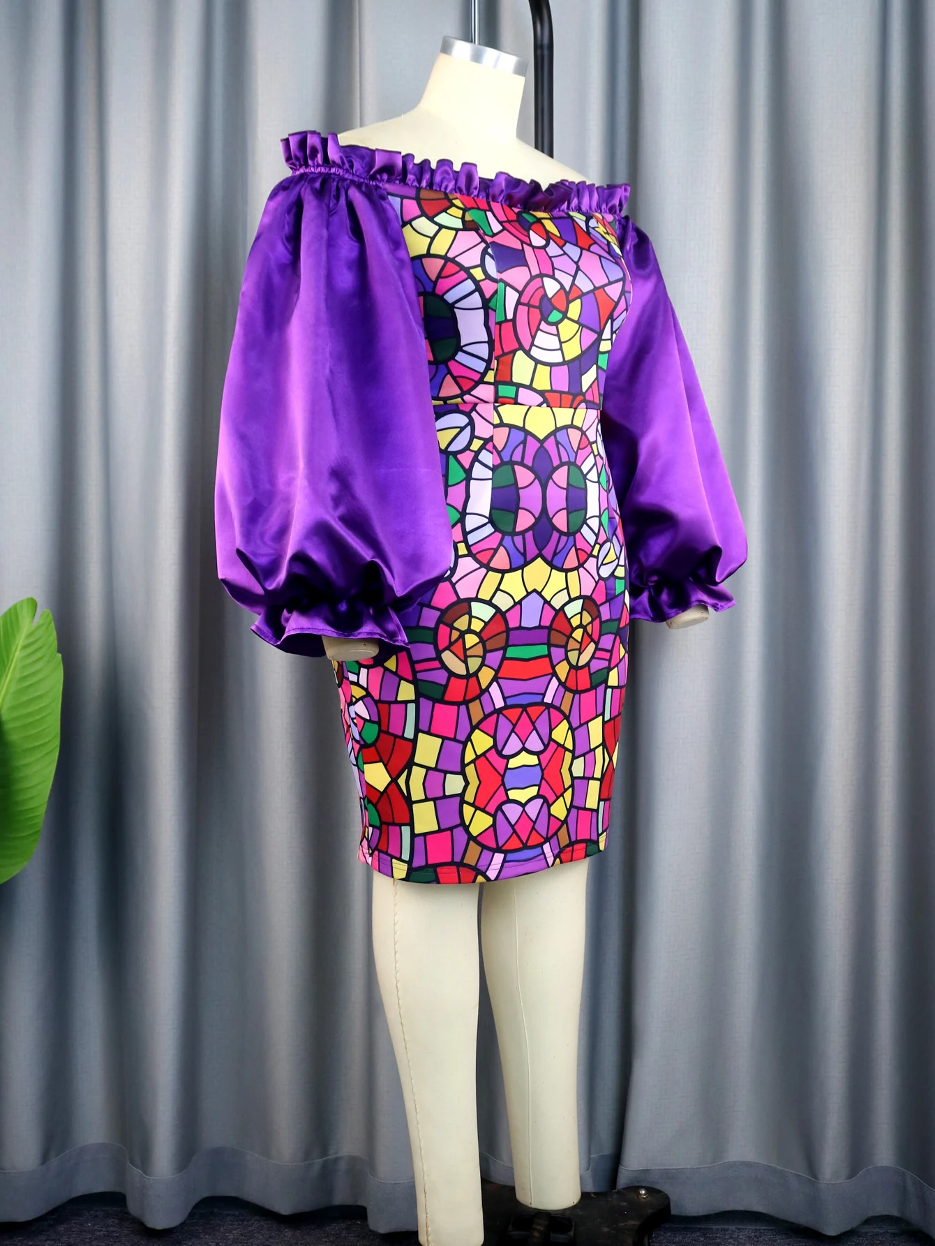 Plus Size Printed Dresses for Women Off Shoulder Purple Long Flare Sleeve Empire Bodycon Knee Length Evening Event Gowns 4XL