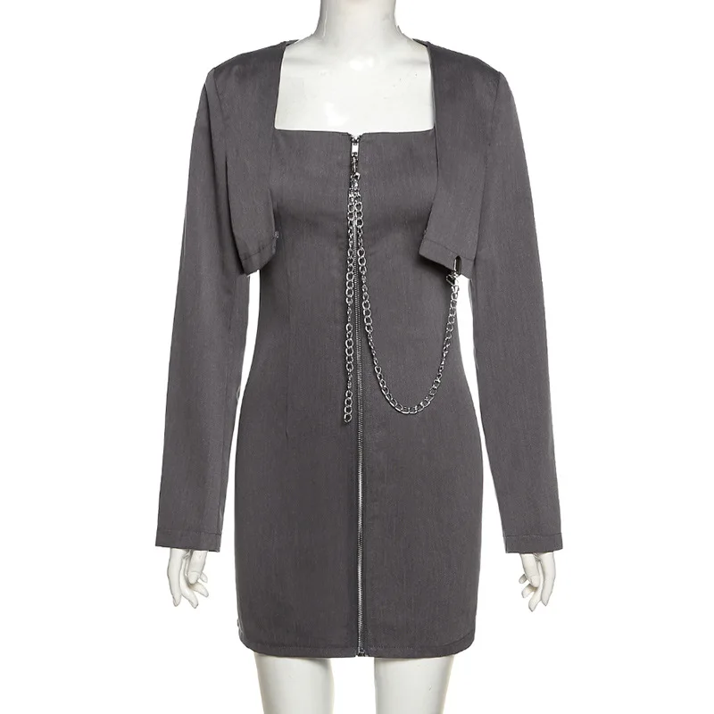 

2021 New Long-sleeved Slim Solid Color All-match Female Mini Goth Dress Autumn Fashion Two-piece Zipper Chain Women's Dress