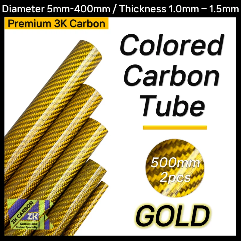 

2pcs/lot 500mm Gold Colored Carbon Fiber Tube OD 5-30mm For RC Airplane Parts Glossy Twill Carbon Tube 3K Material