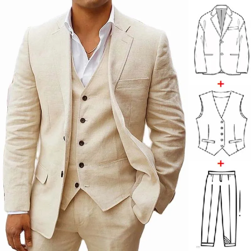 

3 Piece Linen Summer Men Suits for Wedding Groom Tuxedos 2023 Casual Beach Custom Man Suit Set Jacket Vest with Pants Man Fahion