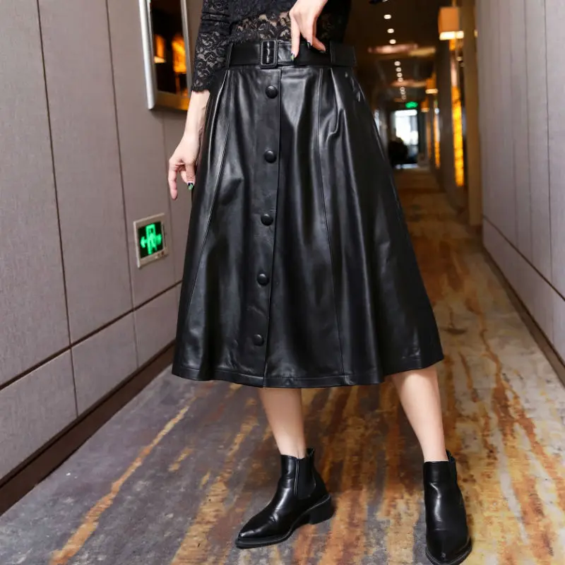 

2023 Women Loose Sheepskin A-Line Mid-Calf Skirts High Street Casual Elastic Waist Skirt Luxury Party Office Lady Buttons Skirts