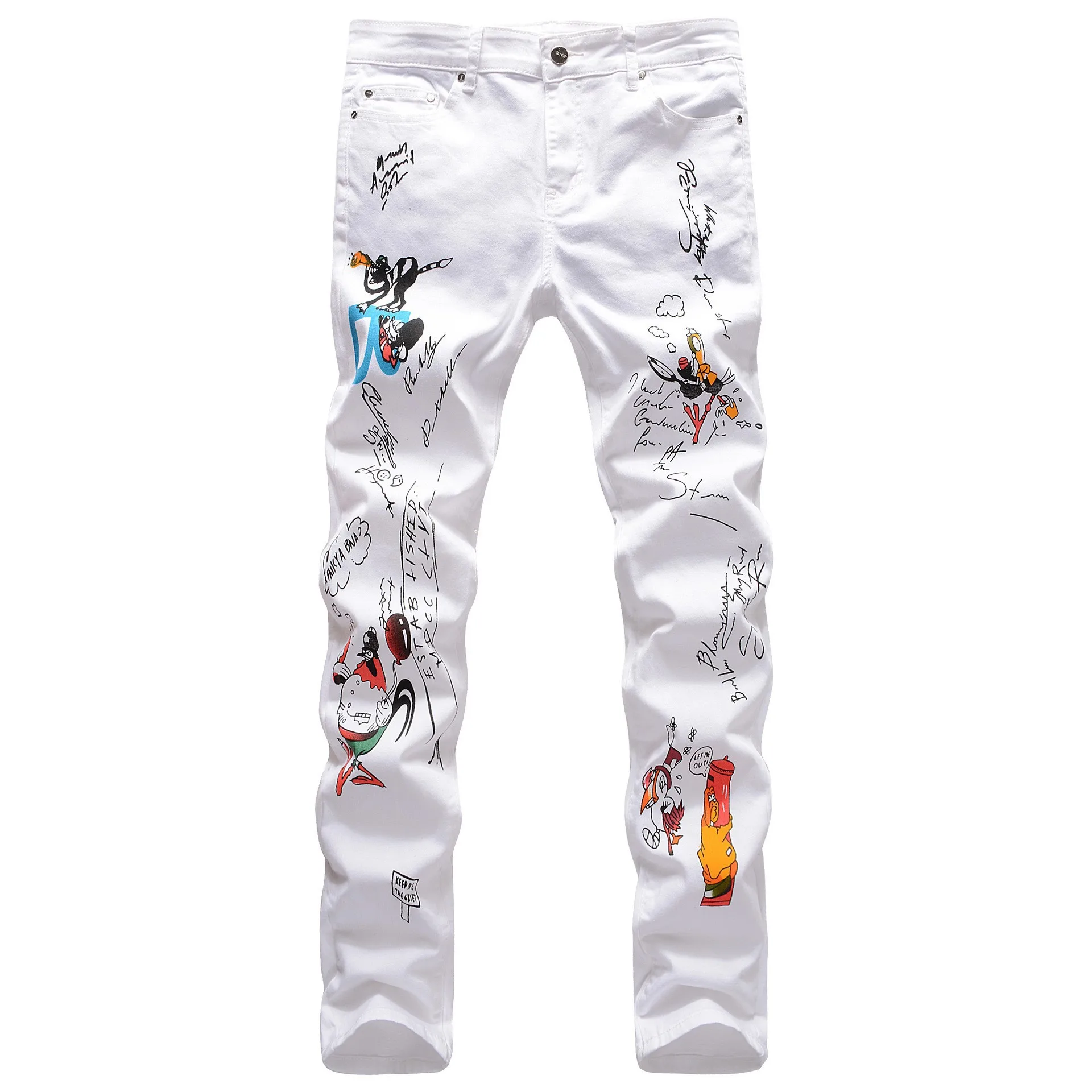 Fashion Streetwear Youth Hip Hop Style Men Jeans New Casual Tide Life In Britain Scrawl Print Male Denim Pants Men Trouser White