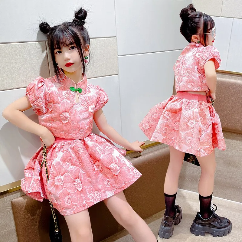 

Kawaii одежда для девочек летний костюм с юбкой комплект с вышивкой розовая короткая рубашка с цветами + плиссированная юбка Детские наряды для 4 6 8 9 10 12 лет