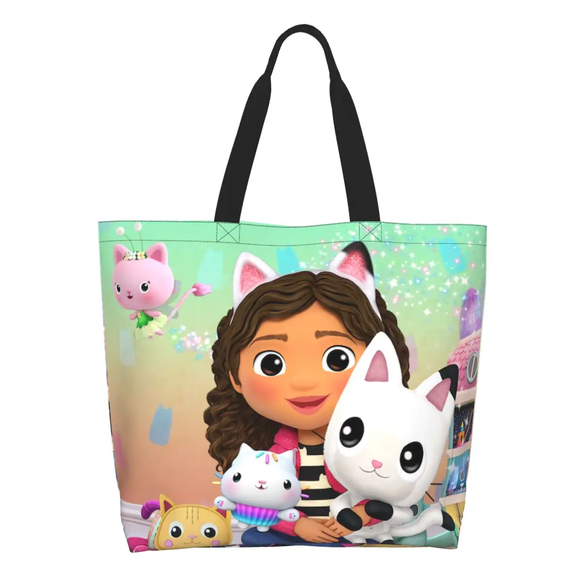 

Custom Gabbys Dollhouse Shopping Canvas Bag Women Durable Large Capacity Grocery Gabby Cat Pandy Paws Shopper Tote Bags