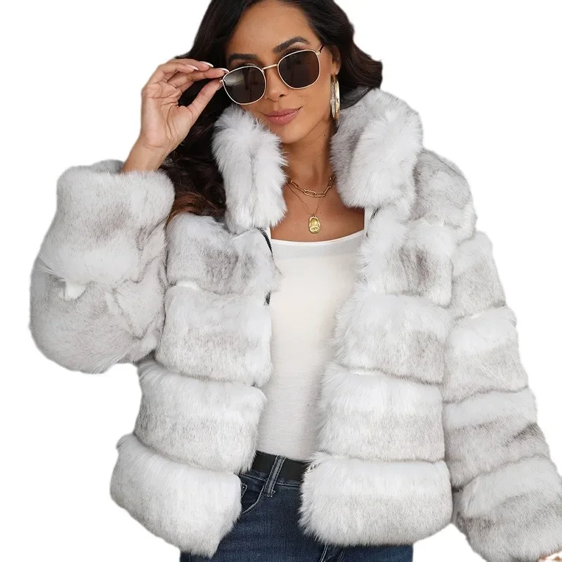 Krótka kurtka ze sztucznego futra dla kobiet Gruby płaszcz z pełnym rękawem Ciepły solidny zamek błyskawiczny stójką Elegancka damska odzież