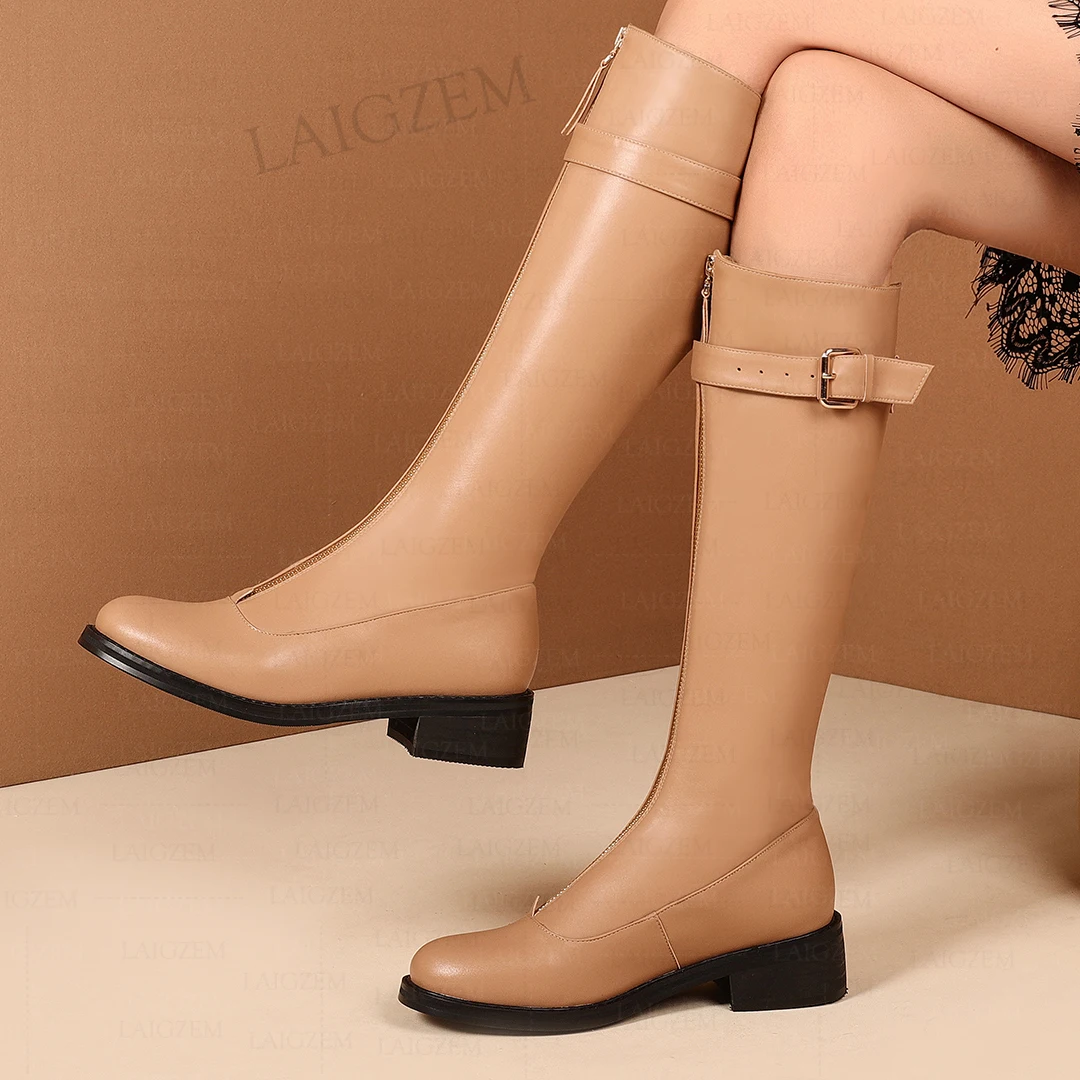 

LAIGZEM Women Knee High Boots Leather 4CM Low Heels Boots Comfortable Front Zip Up Handmade Shoes Woman Plus Size 33 41 43 45