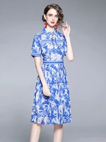 summer runway women short sleeve elegant shirt dress high quality femme blue print office party pleated robe vestidos s2979