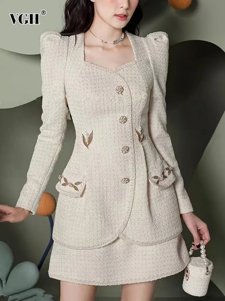 

Женское твидовое платье с квадратным вырезом, длинным рукавом и высокой талией