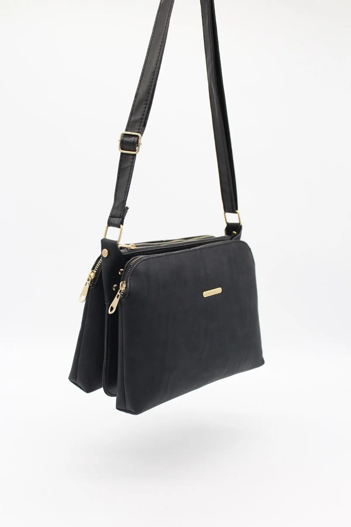 

Black Vienna Leather Three Compartment Adjustable Strap Women's Shoulder Bag Satchel