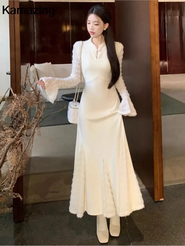 Элегантные кружевные вязаные платья в стиле пэчворк для женщин с расклешенными