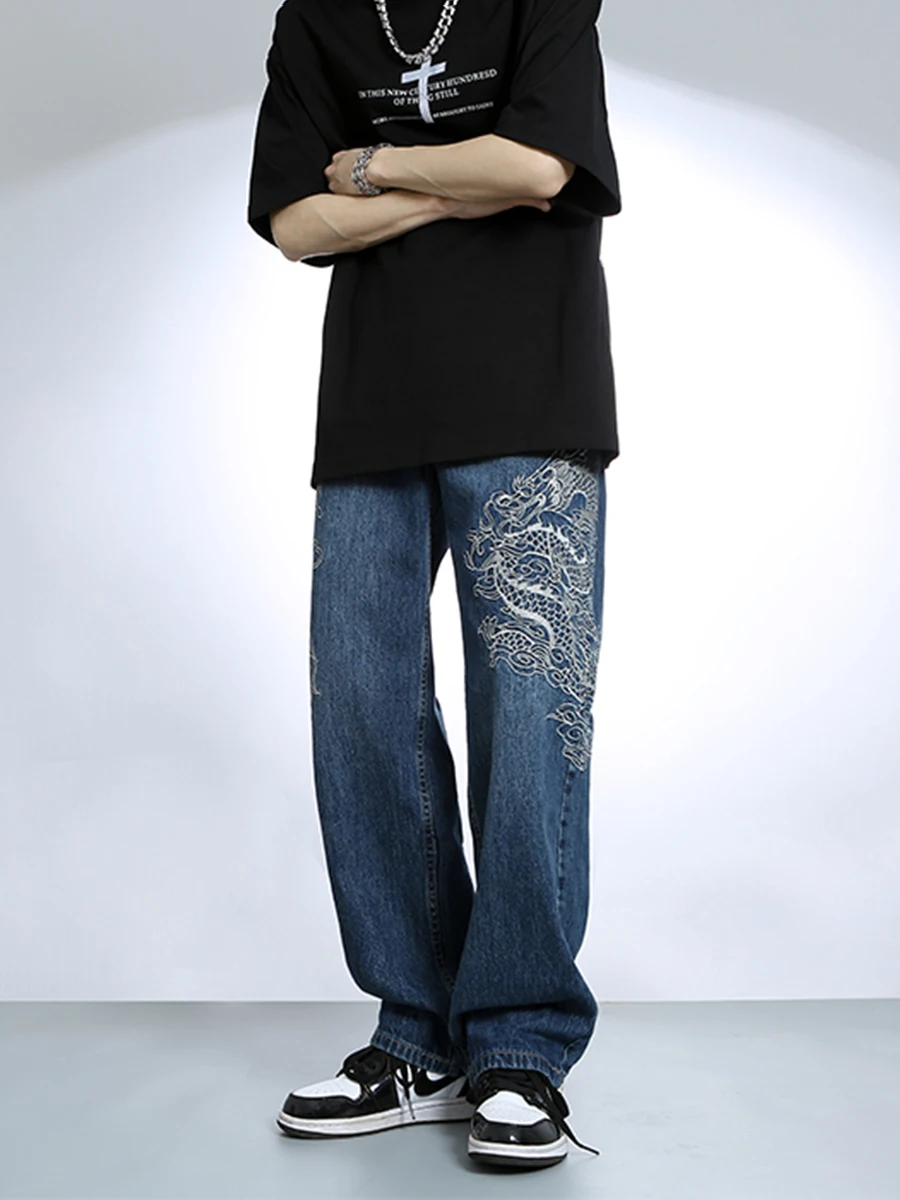 Four Seasons Vintage Chinese Dragon Embroidery Blue Jeans Men Straight Loose Casual Pants Fashion Streetwear Ins Hot Sale Denim