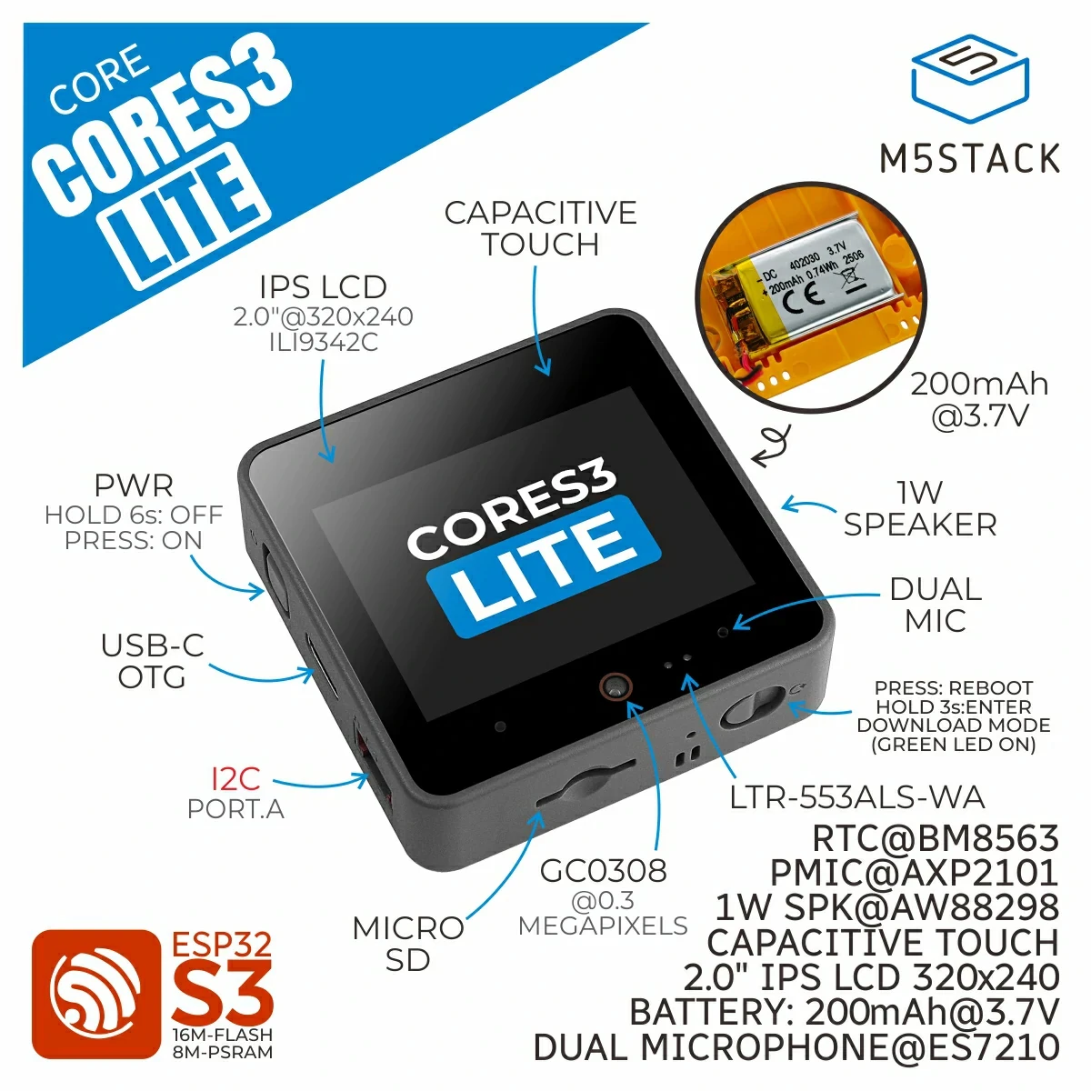 Фото Оригинальный комплект для разработки IoT M5Stack CoreS3 Lite ESP32-S3 с 2,0-дюймовым сенсорным экраном и программируемым контроллером Wi-Fi №1