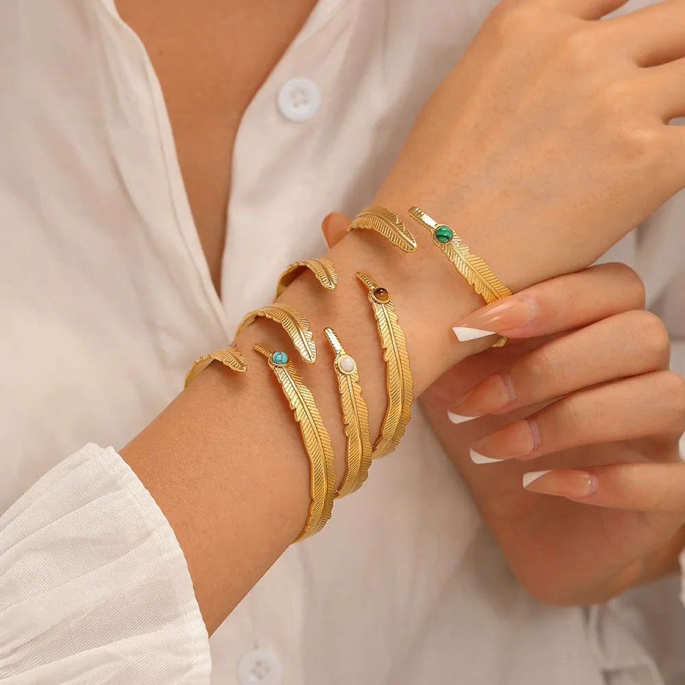 

CARLIDANA Trendy Vintage Colorful Nature Stone Inlay Stainless Steel Gold Color Plated Cuff Bangle for Women Jewelry Party Gift