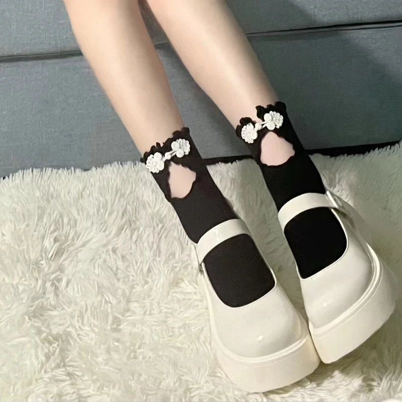 

Lolita Scok Women Bowknot Button Black White Sockings JK Uniform Lace Lolis Sock For Girls Gift Hollow Out Stocking Maid Tube