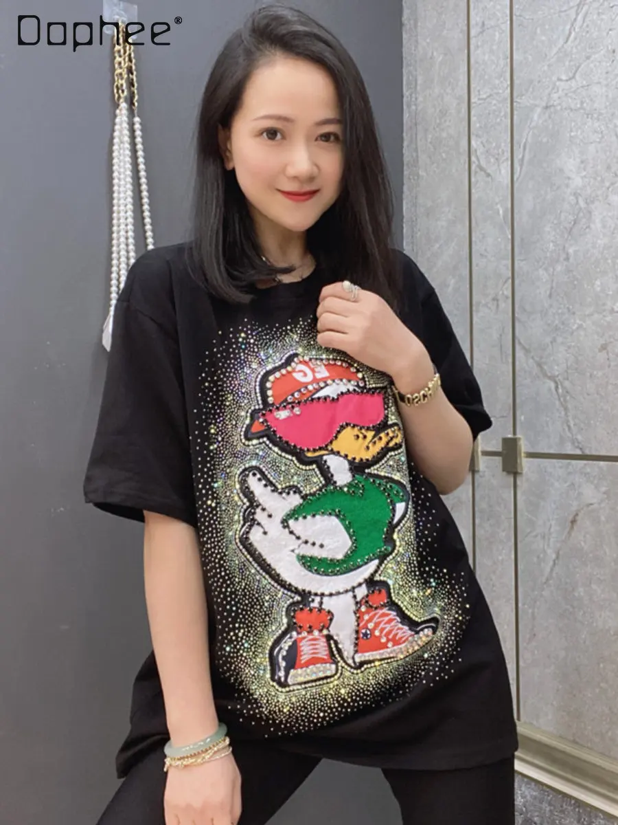 

Summer New Round Neck Pullover Leisure Short-Sleeved White T-shirt Top Women's Fashion Printed Cartoon Diamond Black T Shirt