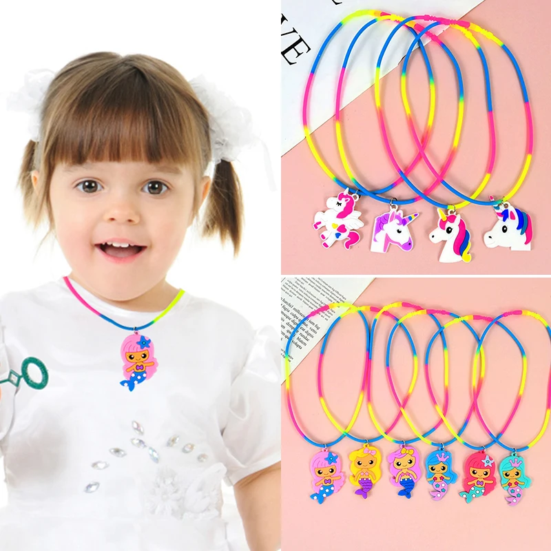 

6Pcs/Set Cartoon Unicorn Mermaid Jewelry Pendant Baby Cute Necklace Jewelry Kids Birthday Gift Sets Children Party Decoration
