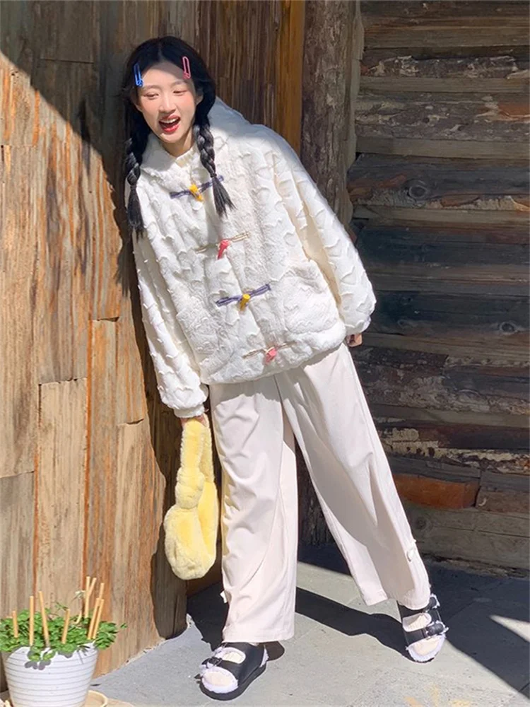 QWEEK Kawaii Sweet Lambwool Hooded Jackets Women Korean Fashion Cute Heart White Parkas Oversized Harajuku Winter Warm Hoodie