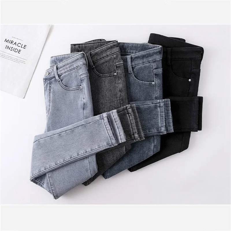 

Winter Warm Jeans For Women Thick Velvet Stretch Fleece Casual Office Lady Comfort Female High Waist Vintage Denim Pencil Pants