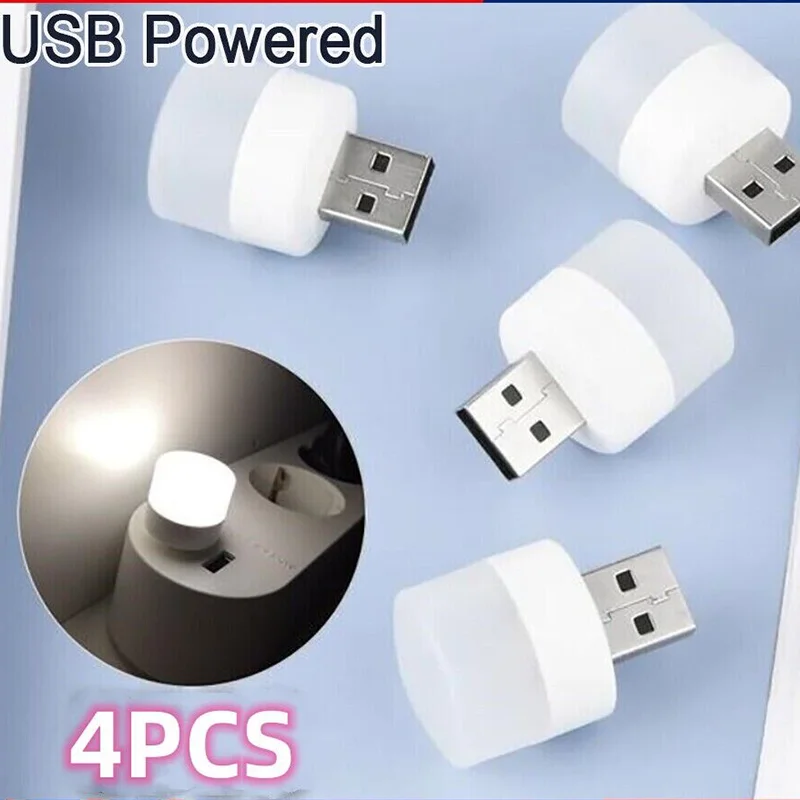 

4Pcs Mini USB Night Light LED Night Lamps Warm White Eye Protection for Book Reading Portable Computer Mobile Power Charging