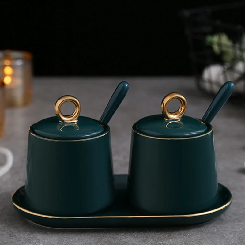 

Condiment Jar Spice Container With Lids Spoons And Tray Ceramic Salt Pots Sugar Bowl Set For Kitchen Counter