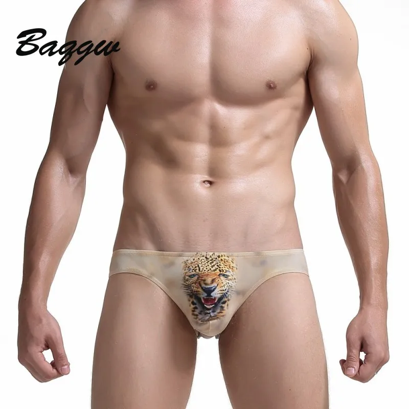 

Sexy Leopard Wolf Printed Fashion Men's Briefs Summer Show Bodybuilding Strong Skinny Low Waisted Erotic Hornier Beach Swimming