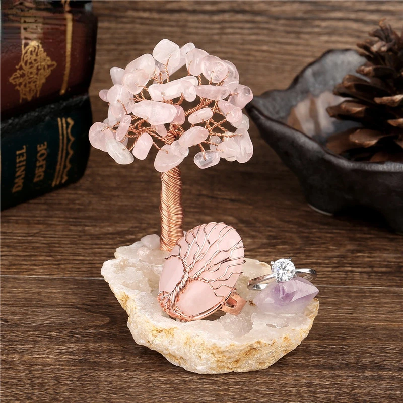 

Mini Rose Quartz Money Tree Reiki Healing Crystal Stones Wire Wrapped On Geode Feng Shui Figurine Decor for Home Office